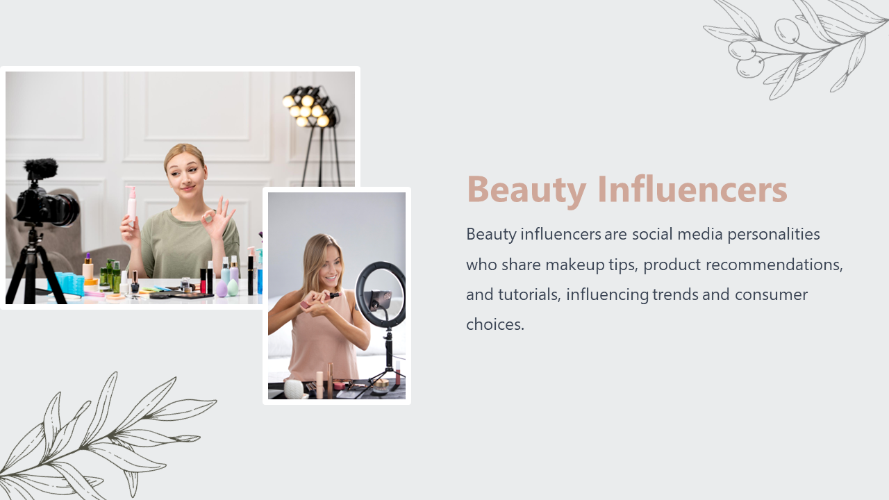 Two images of women at makeup filled desks, one with a camera setup and the other using a ring light, on a pale background.