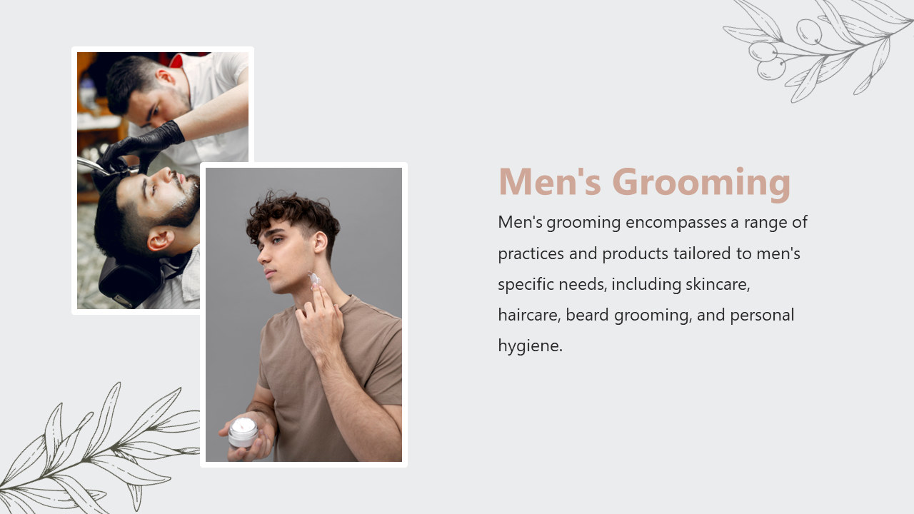 Slide with a man applying cream on gray background and a smaller photo of a barber shaping a beard with clippers.
