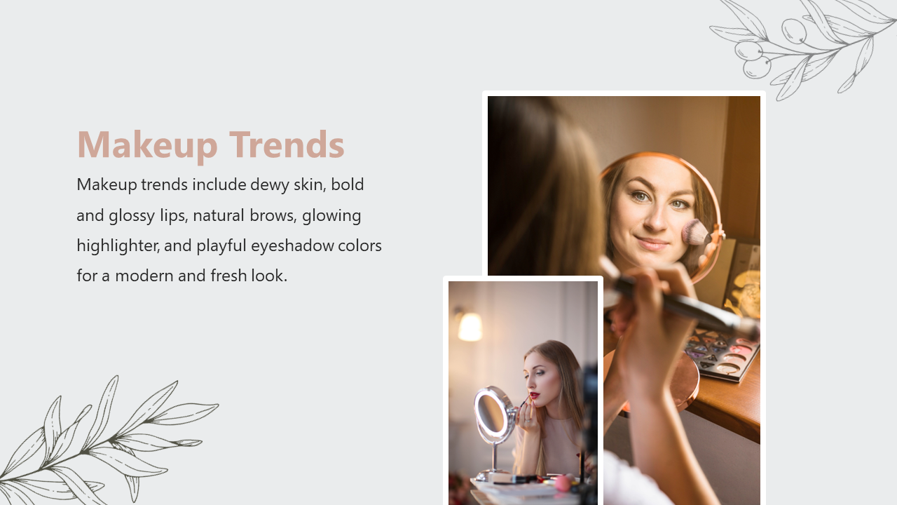Two photos of women applying makeup with brushes in front of mirrors, with palettes and warm lighting on a gray background.