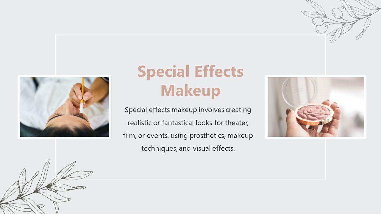 Slide with floral corners shows a person applying makeup and a hand holding a pink spiral cosmetic in a round compact.