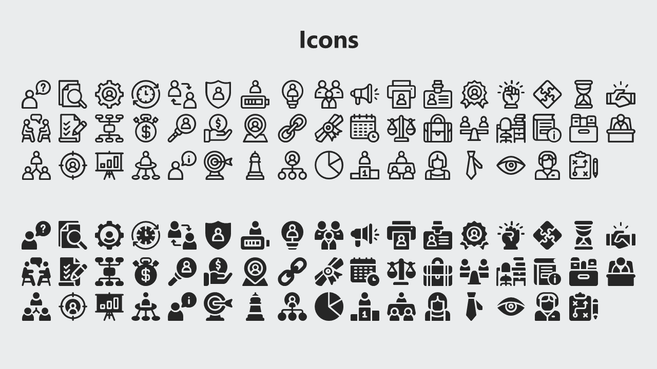Centered bold title above two wide sections of assorted black icons in both outlined and solid styles.