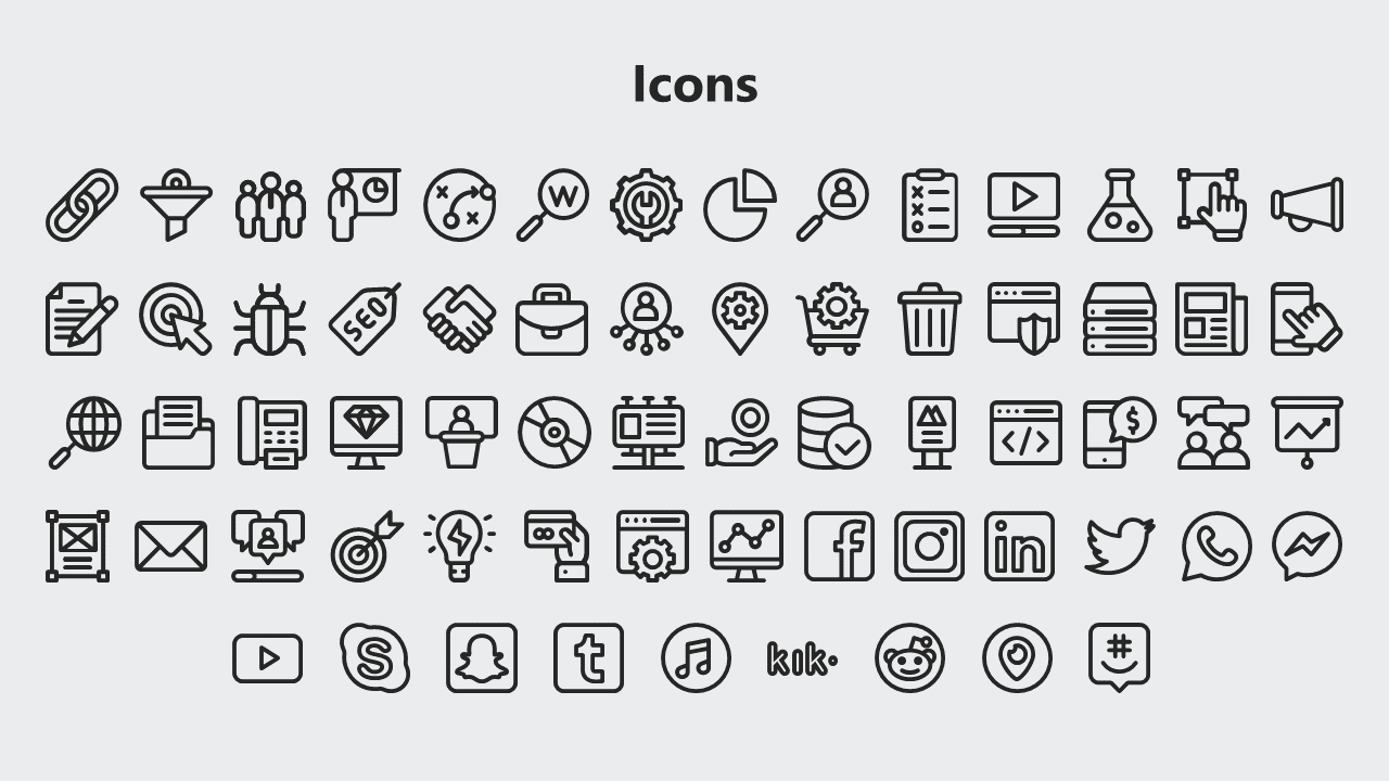 Centered black heading with multiple rows of outlined icons in various shapes on a white ayout.