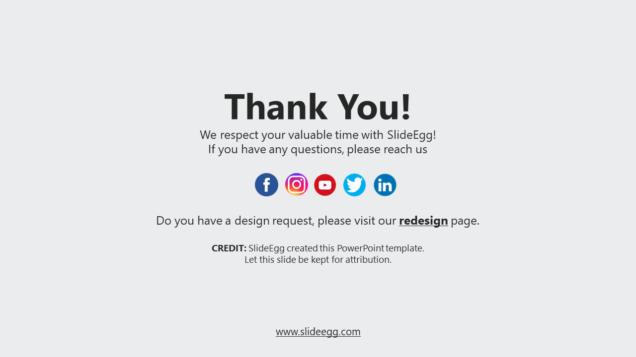 Center aligned thank you text layout on white with circular icons in blue, pink, and red colors placed in a horizontal row.