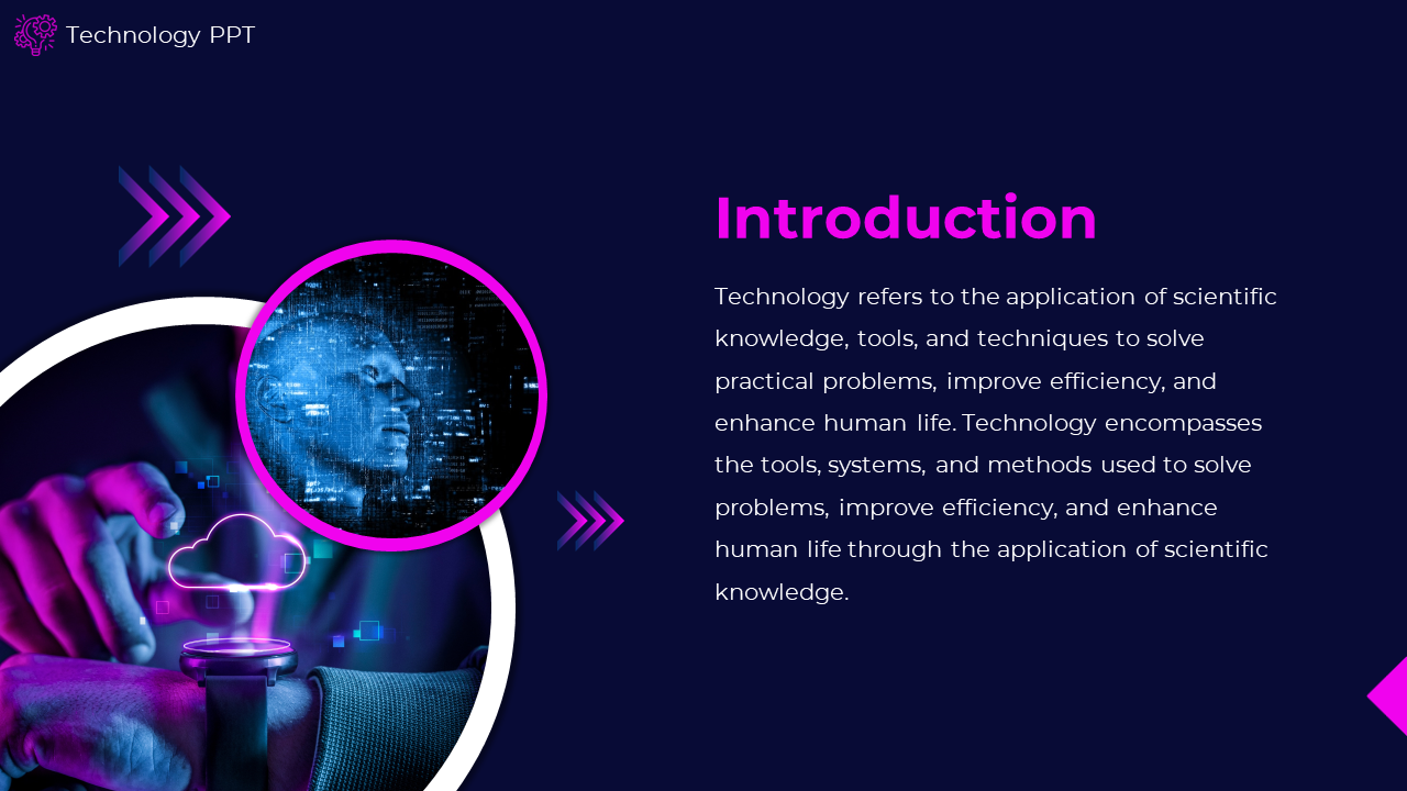 A technology slide with an introduction about technology, featuring a digital face, a cloud icon, and a futuristic design.