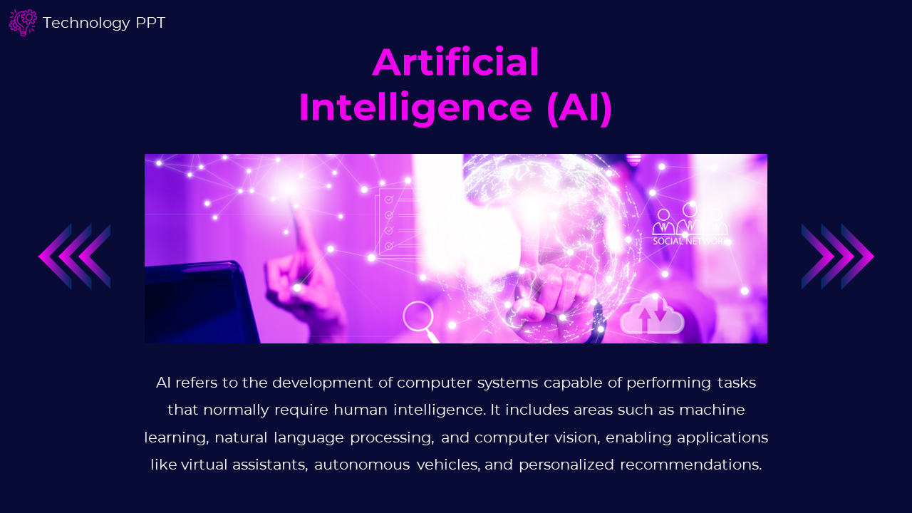 A slide on Artificial Intelligence with an introduction alongside an image of a person interacting with digital networks.