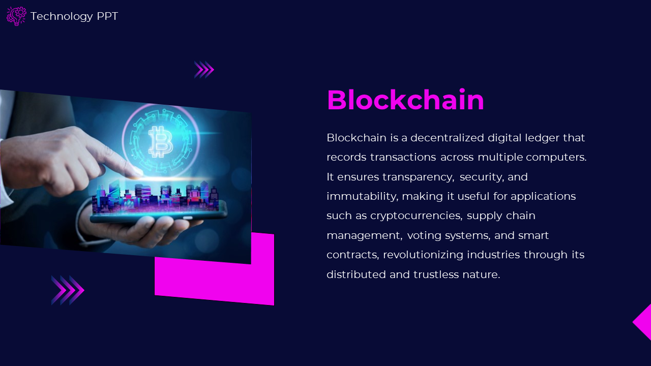 Blockchain discusses the technology's role in recording transactions across multiple computers on a black backdrop.