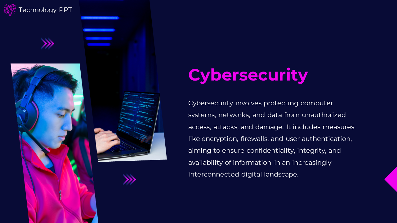 Cybersecurity slide featuring two images one of a person using headphones and the other of a laptop showing code. 