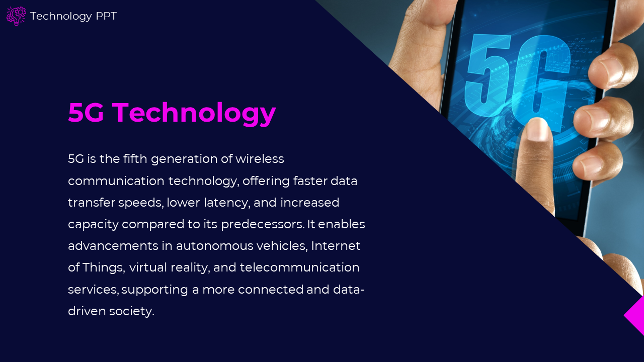5G technology slide featuring an image of a person interacting with a smartphone that displays a number of digital graphics. 