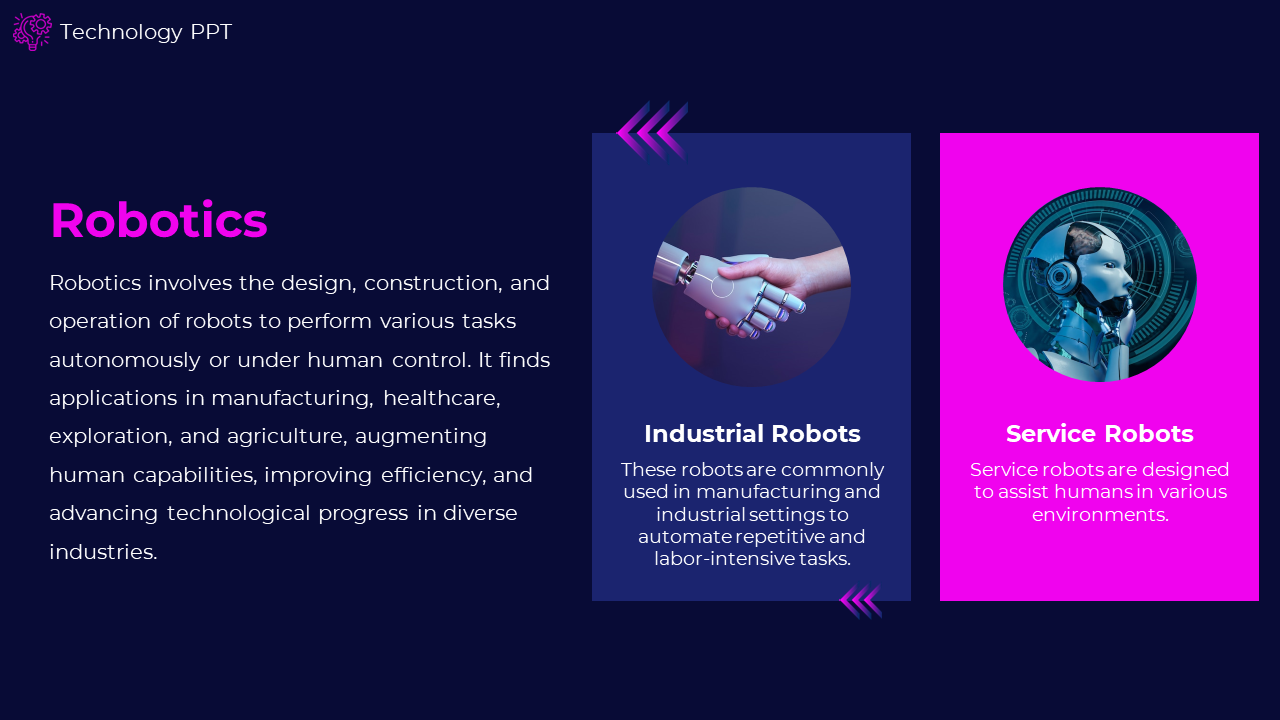 A presentation on robotics featuring industrial robots for automation and service robot assisting humans in various settings.