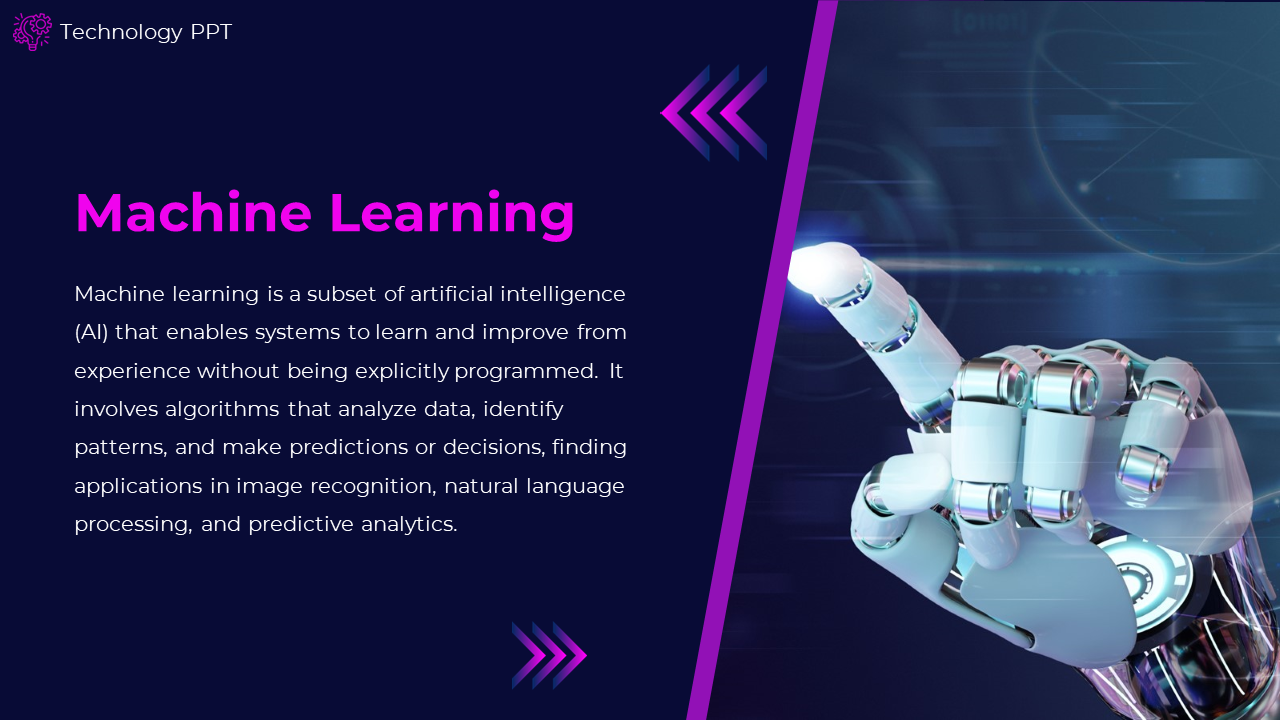 A robot hand pointing to the concept of machine learning, explaining its role in AI through algorithms that learn from data.