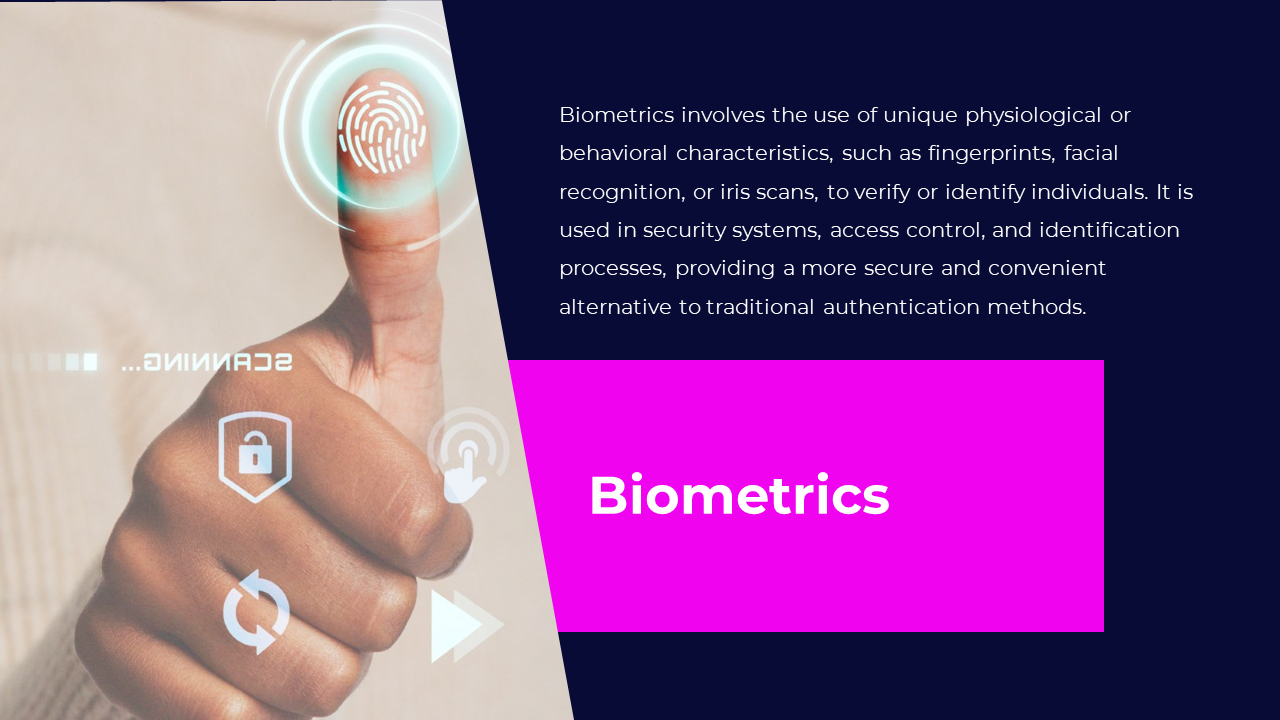 A person scanning their fingerprint for biometric identification on a futuristic touchscreen interface with security icons.