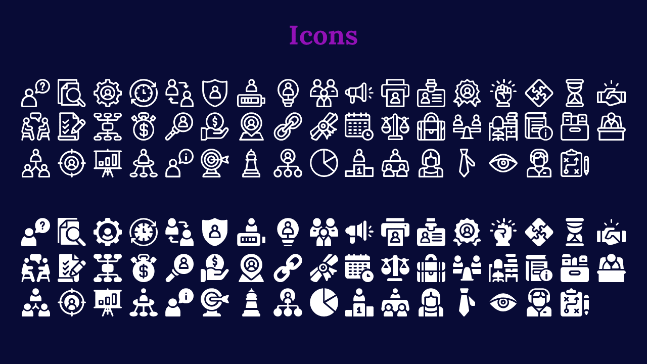 A collection of white icons representing various business, security, and technology related elements on a blue theme.