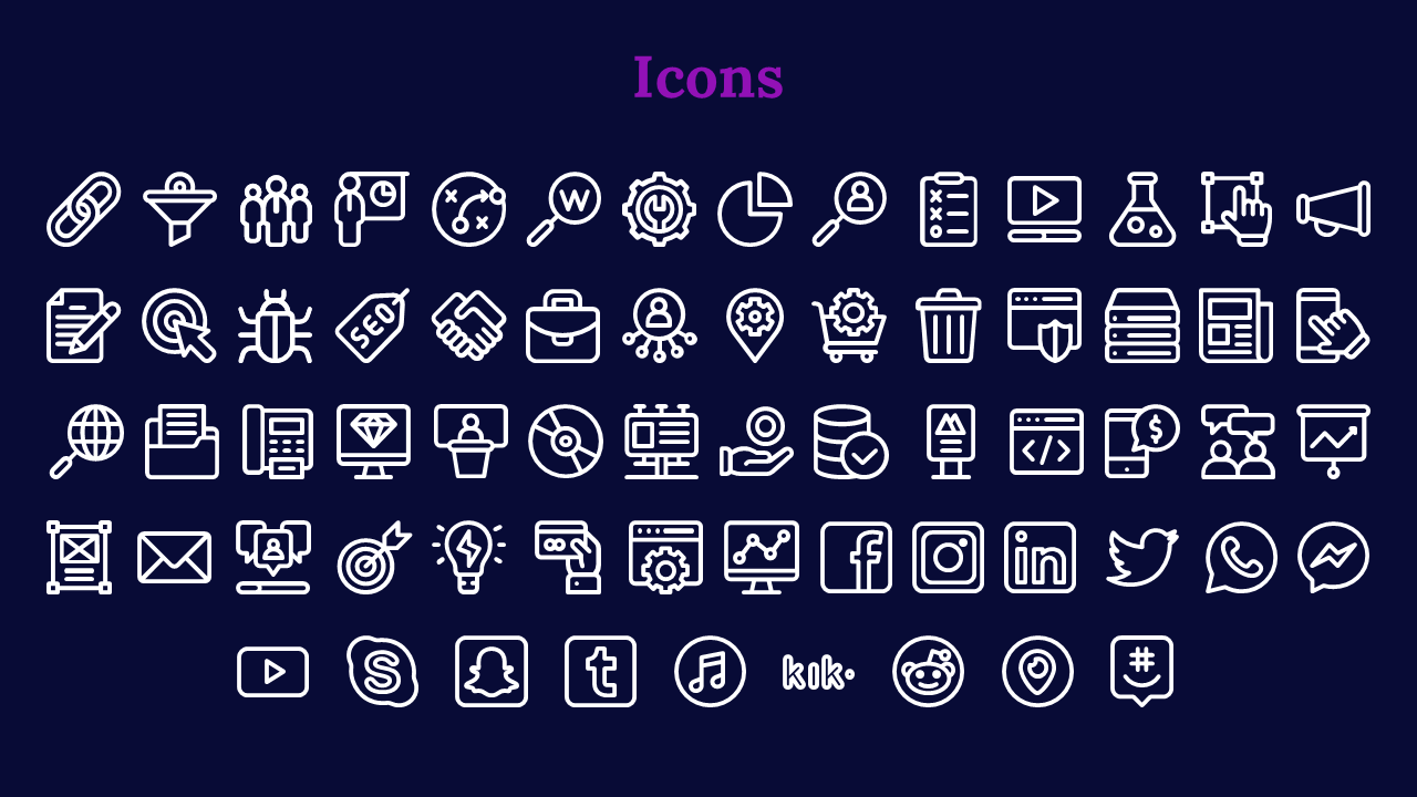 A set of white icons, including social media, business tools, technology, and marketing symbols on a blue backdrop.