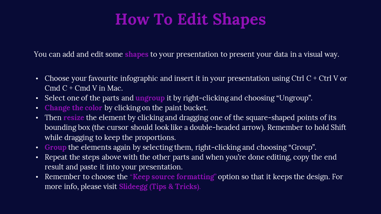 A tutorial slide on how to edit shapes in PowerPoint, with step by step instructions and tips on grouping and resizing.