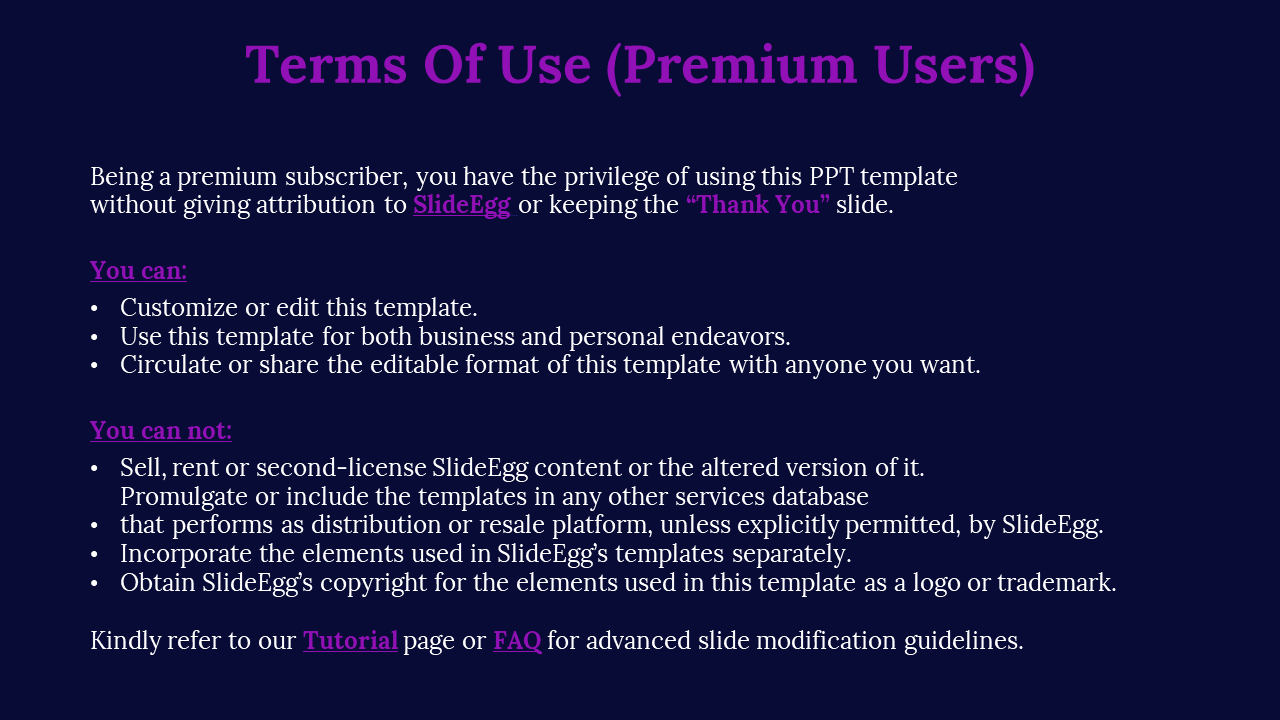 PPT slide outlining the terms of use for premium SlideEgg users, including template customization and distribution rights.