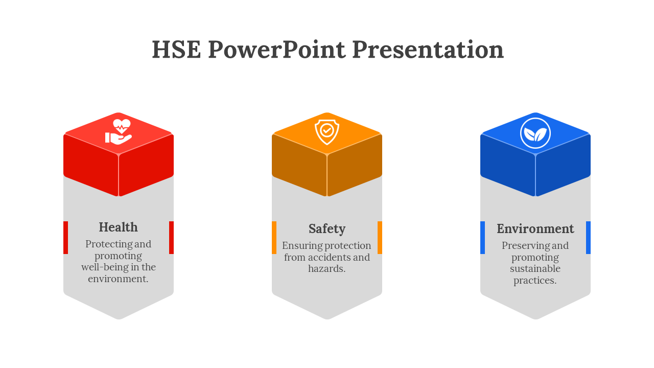 Three vertical 3D blocks with red, orange, and blue hexagonal tops display icons and text on gray bases with rounded points.