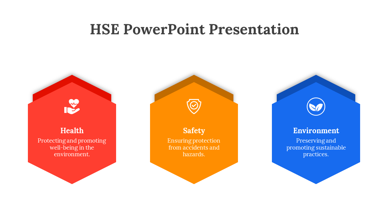 Three vertical hexagons in red, orange, and blue with white icons represent health, safety, and environment.
