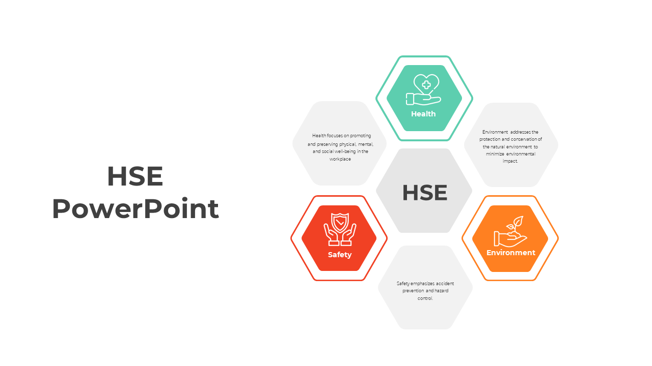 Hexagonal layout with central gray hexagon, surrounded by red, orange, and teal hexagons with icons and text boxes.