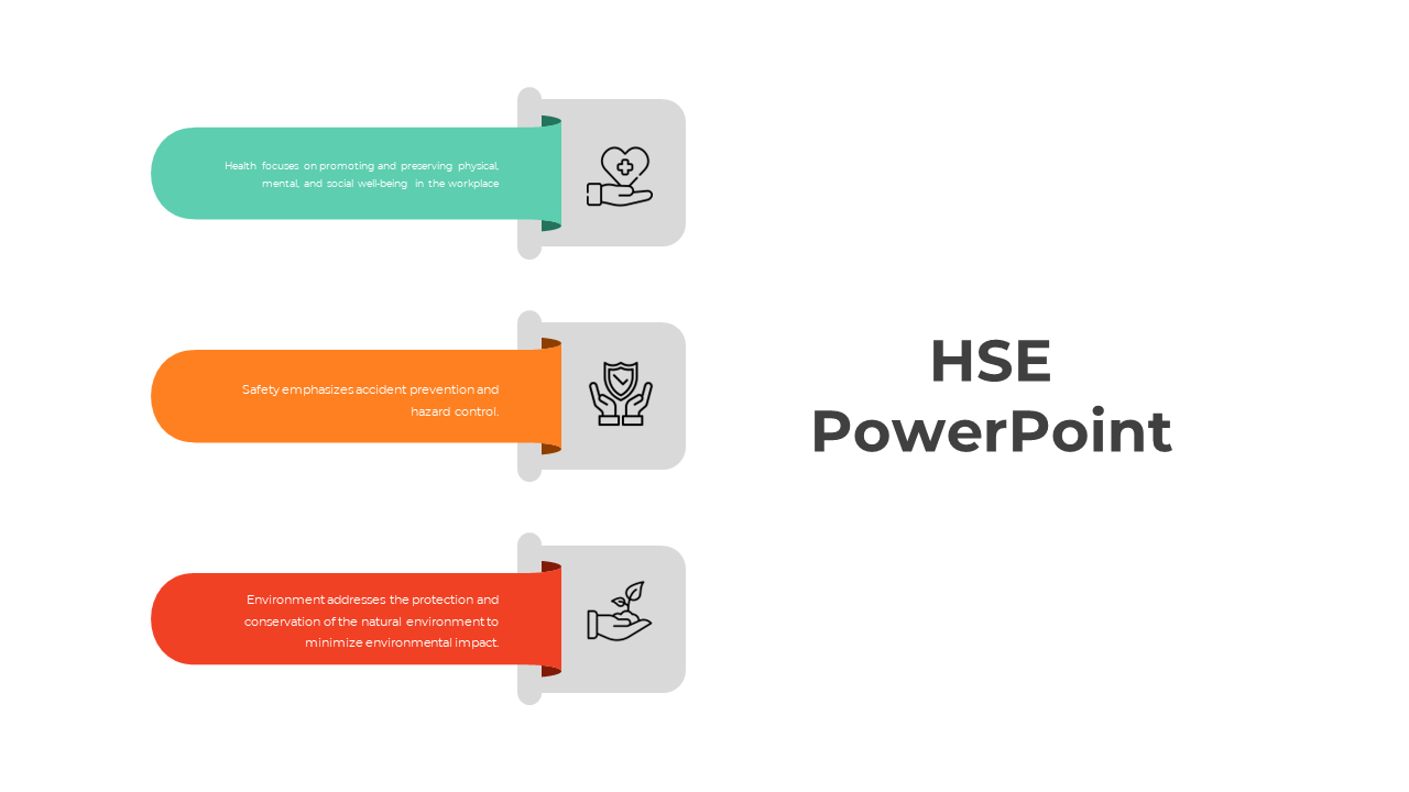 Three rounded bars in teal, orange, and red point to gray icon boxes, aligned vertically beside a bold black title.