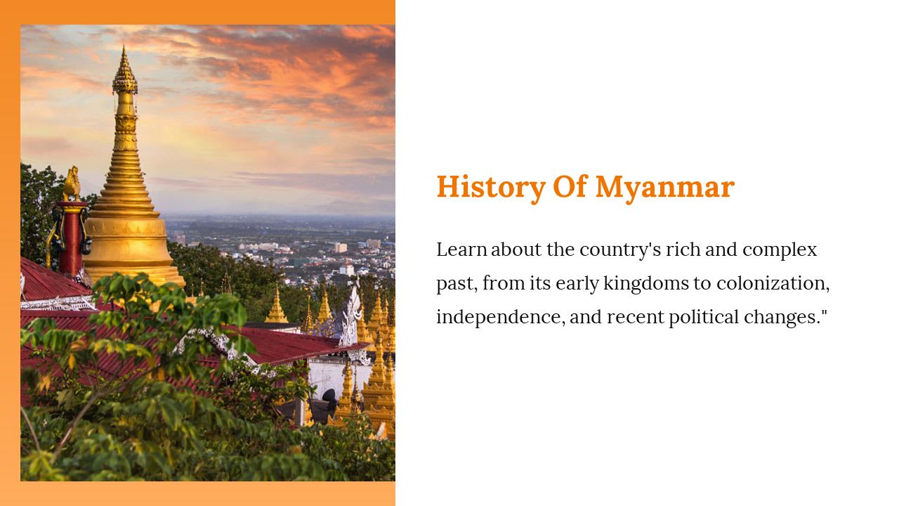 Golden pagoda on the left with cityscape in the background, and orange sidebar, and text block on the right white space.