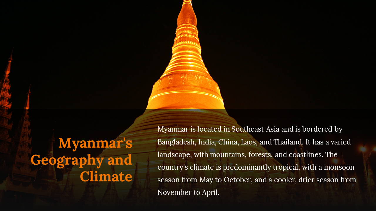 Nighttime view of a golden pagoda lit in orange, with pointed side structures silhouetted under a black sky.