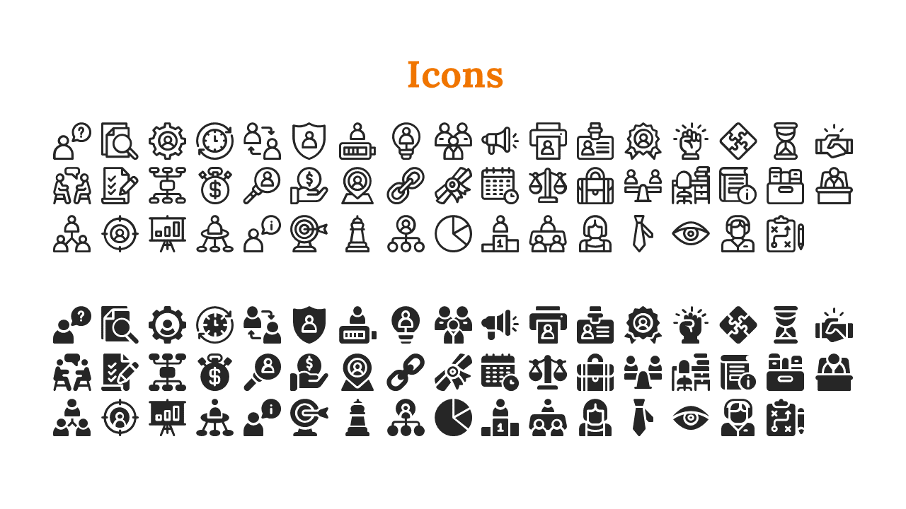Two rows of black business themed icons in outlined and filled styles, beneath bold orange title on a white background.