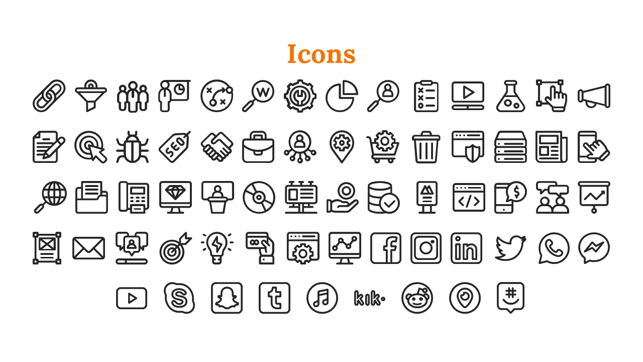 Bold orange heading over five rows of evenly spaced, outlined black icons in a variety of business related shapes.
