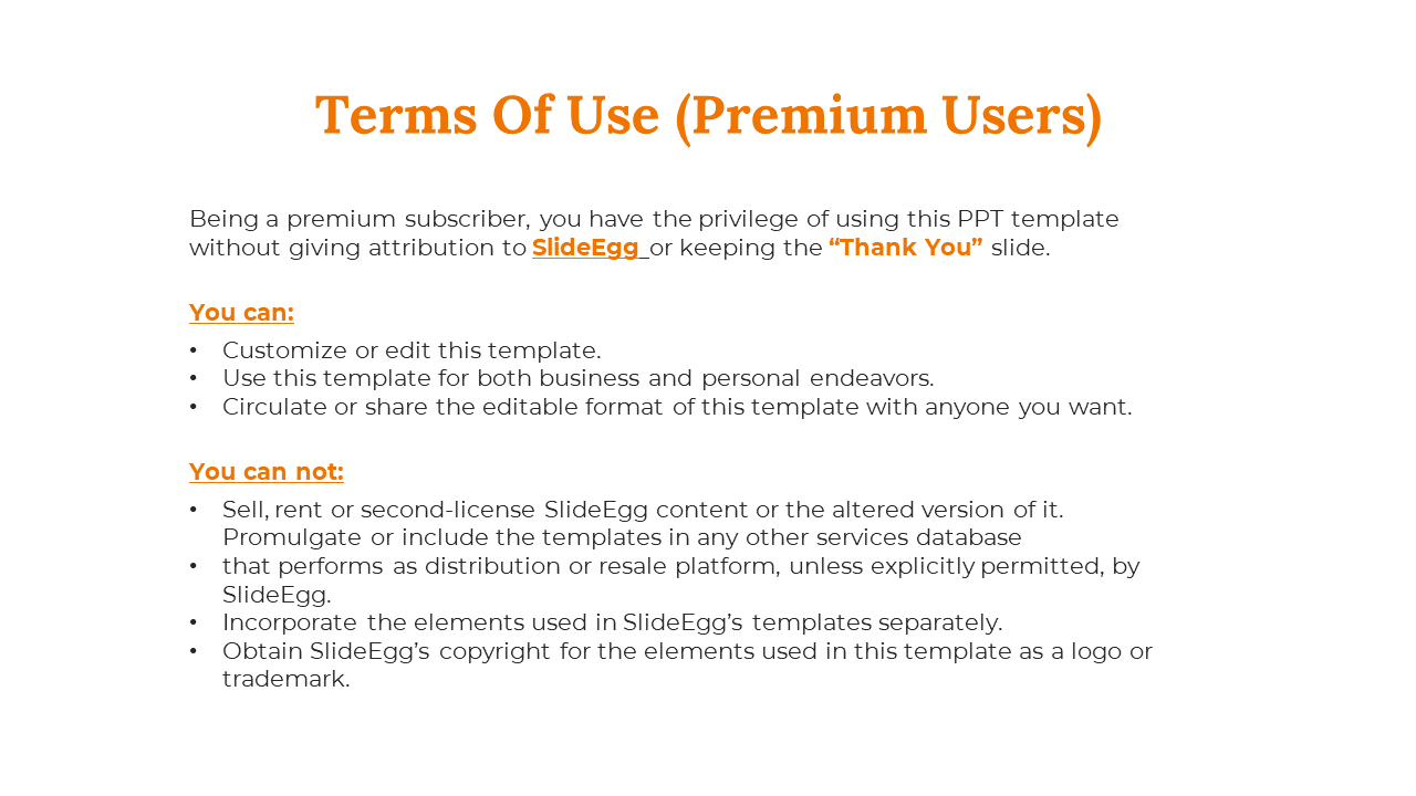White background with orange heading, text, and bold section labels for rules and usage terms for premium users.