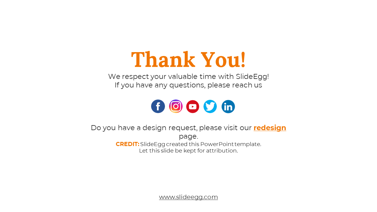 White background with orange centered text and five colorful circular social icons aligned in a row below the message.