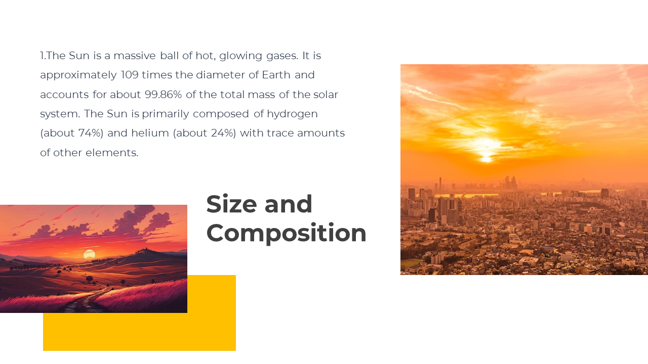 Wide orange city sunset photo with text on the left and a smaller landscape image layered above a yellow square.