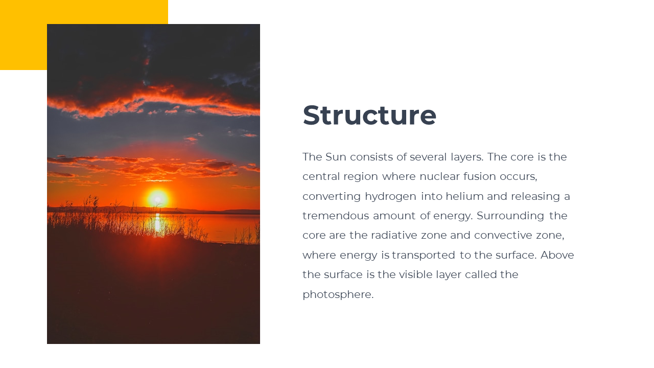 Vertical sunset photo on the left overlaps with yellow accents and dark gray text and bold heading on the right.