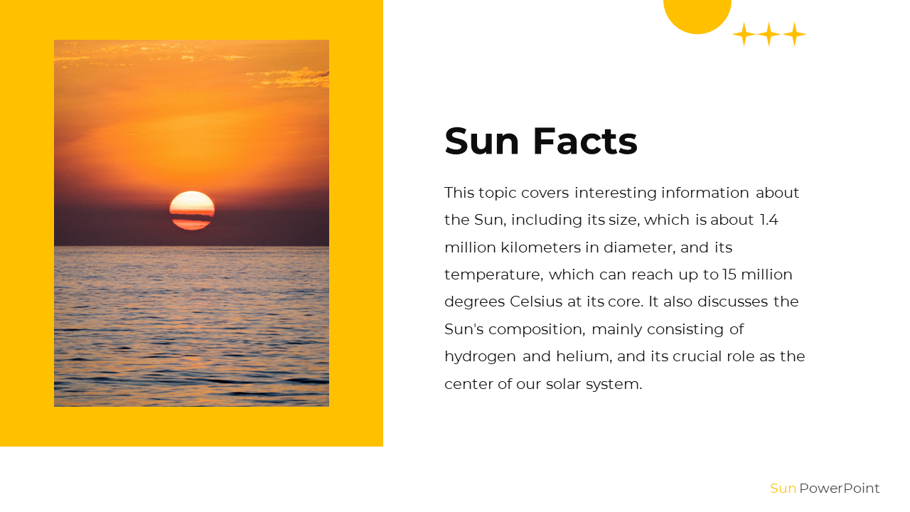 Split layout with left aligned photo of a sunset over water in a yellow frame and text on the right white background.