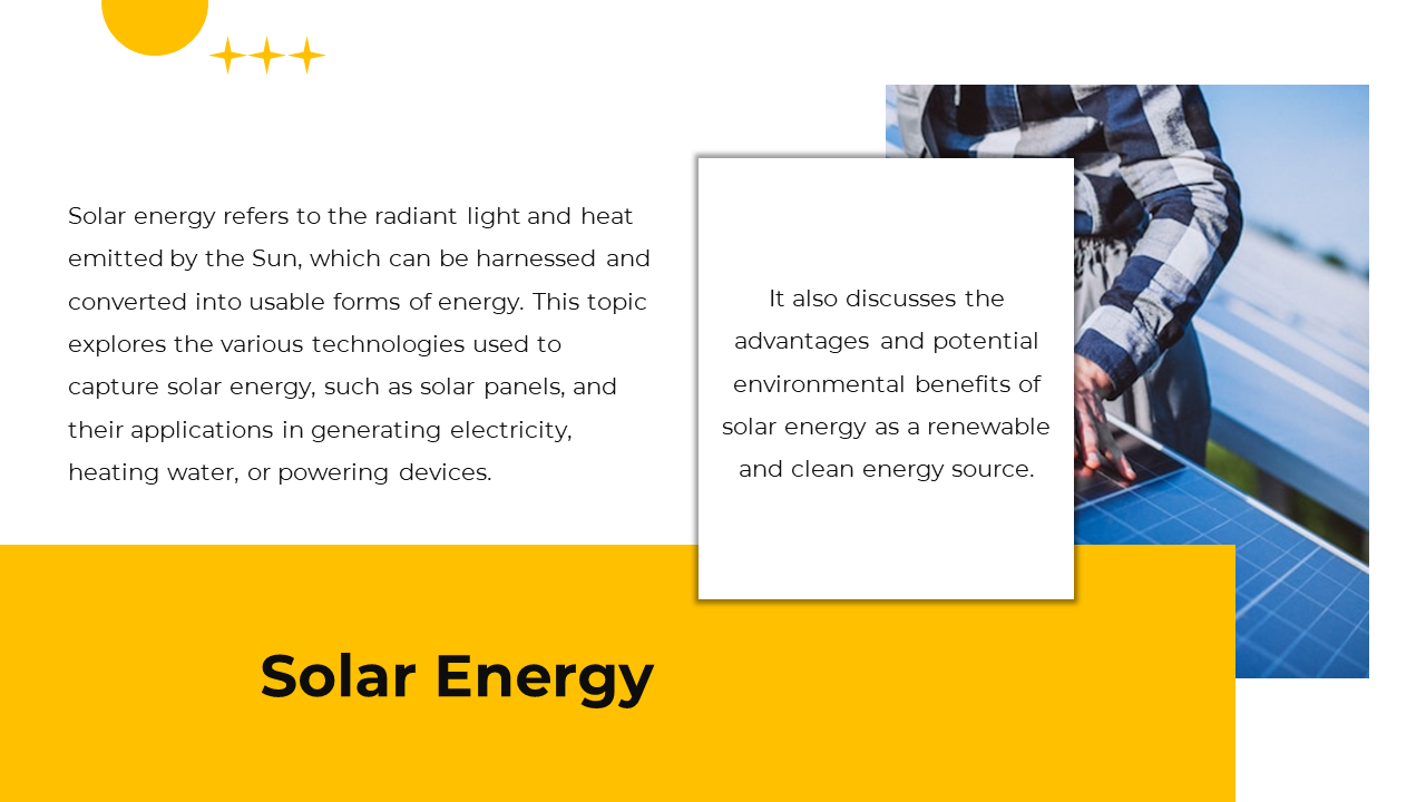 Split design showing white and yellow panels, featuring a person in plaid working with blue solar panels.