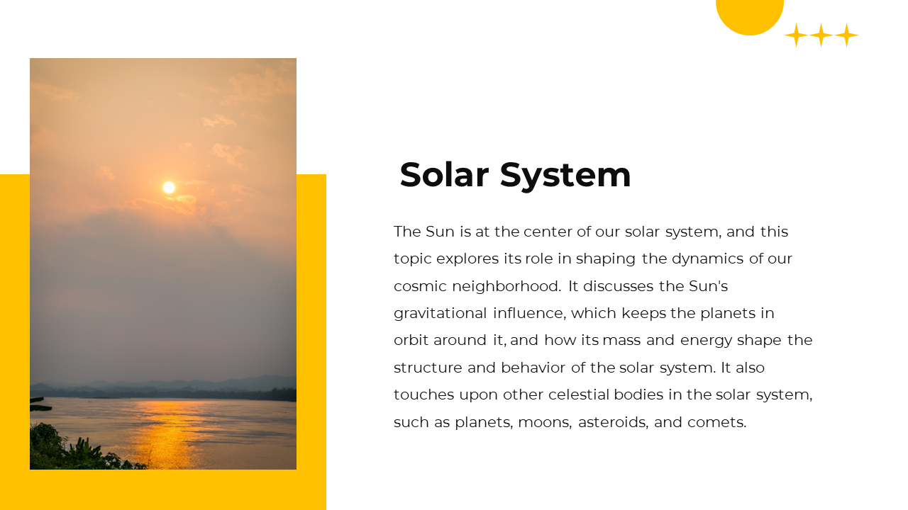 Slide shows a left aligned yellow framed photo of a hazy orange sunset over water, beside white space with text.