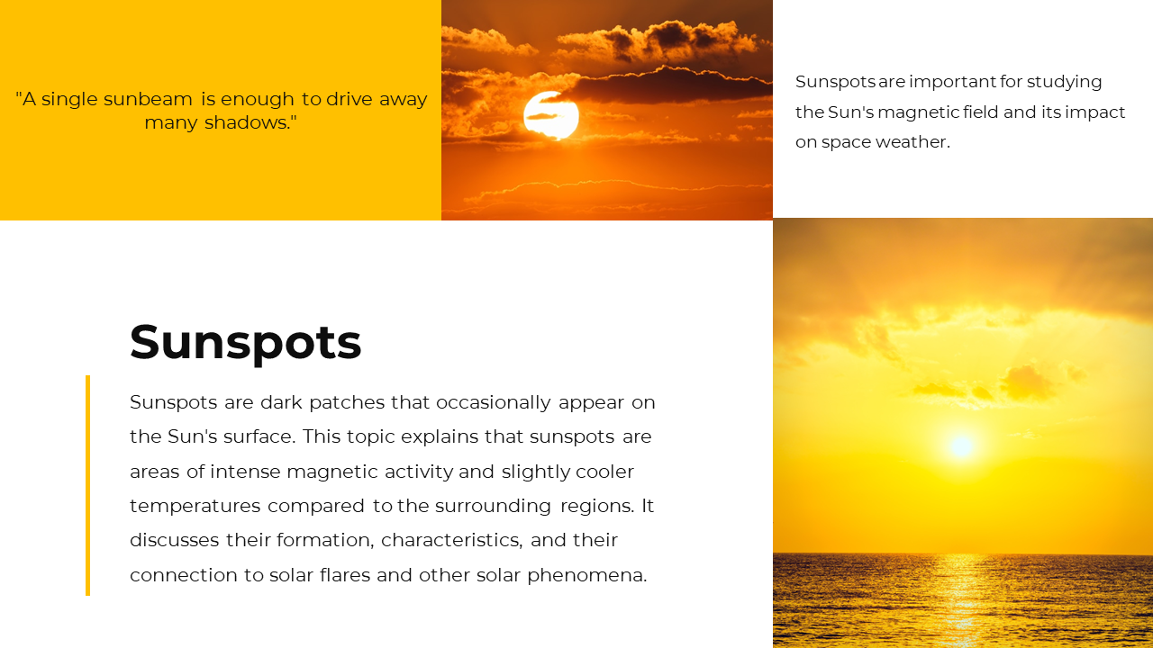 Split layout with bright yellow blocks featuring two sun images, and a left and right white text space.