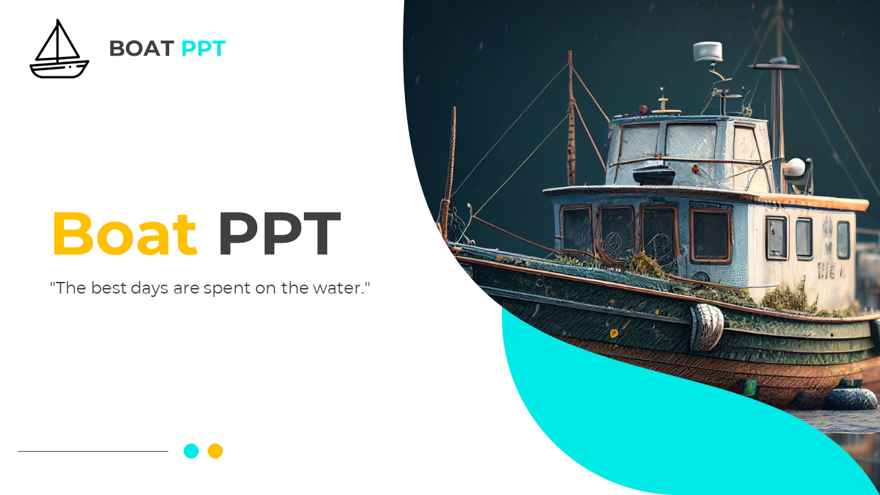 Slide shows a white and teal layout with a curved photo of a docked fishing boat on the right and bold text on the left.
