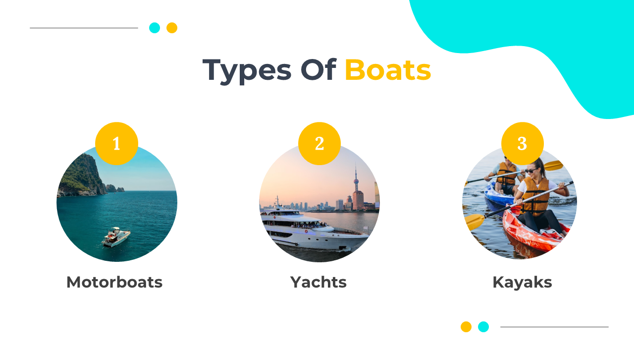 Slide displays three circular photos of boats with yellow numbered circles above, arranged horizontally on a white backdrop.