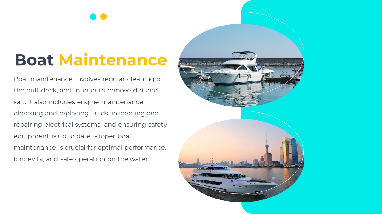 Two oval boat images on a teal right panel, paired with black and yellow header and text on a white background.