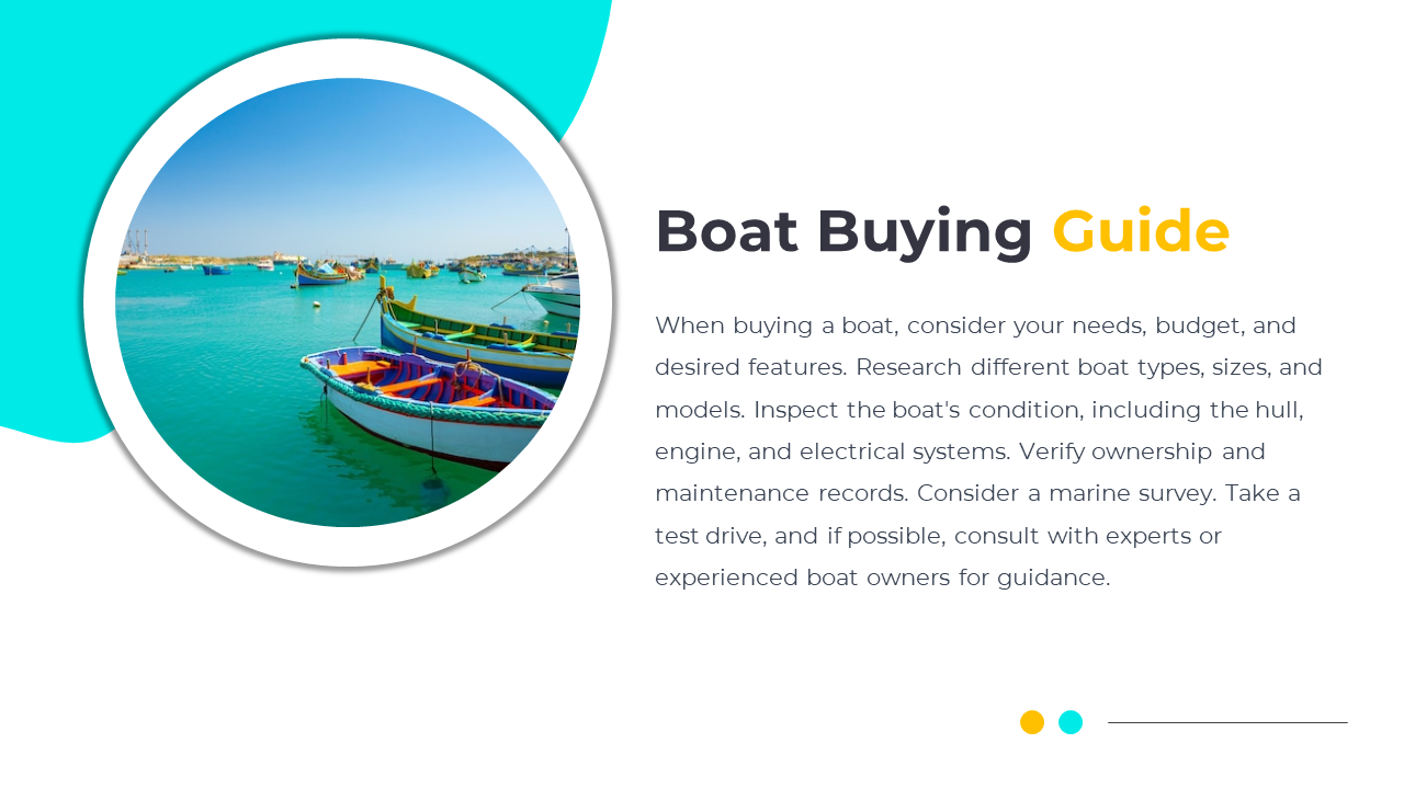 Circular photo of colorful boats in teal water, placed left of a text block with dark and yellow title on white background.