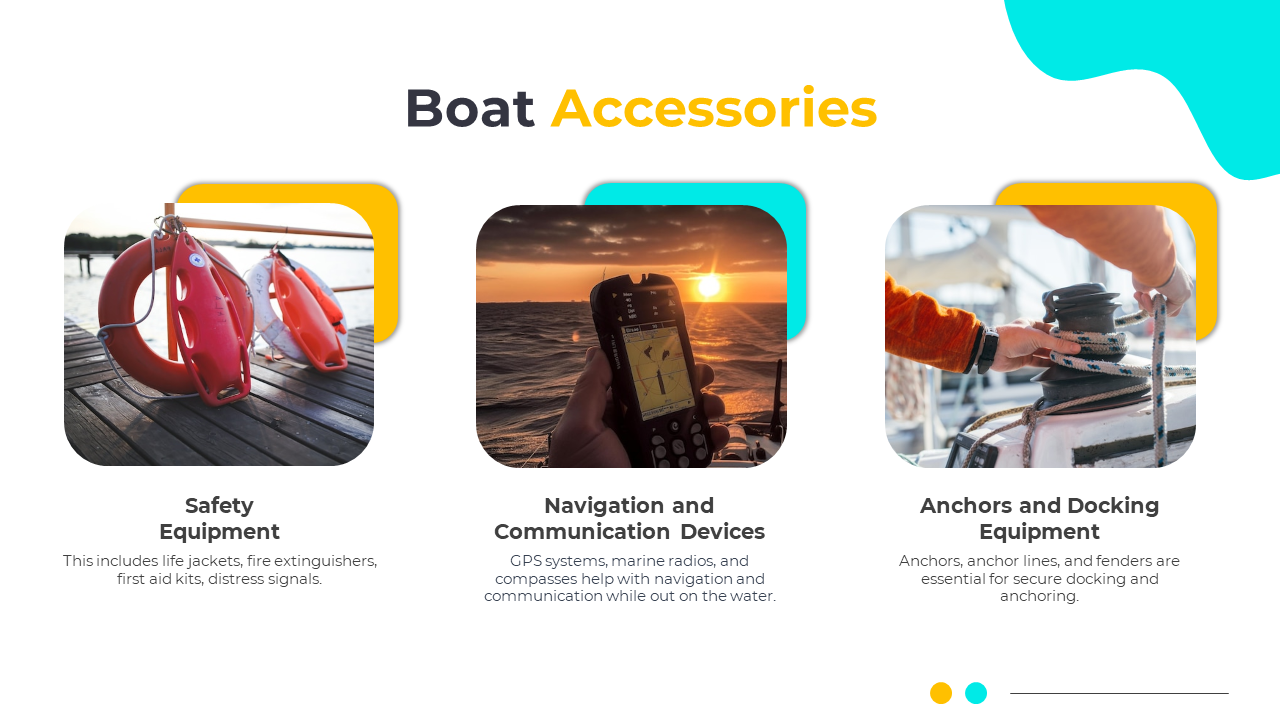 Slide with three square photos of boat accessories, each framed in soft shadows with teal and yellow corner outlines.