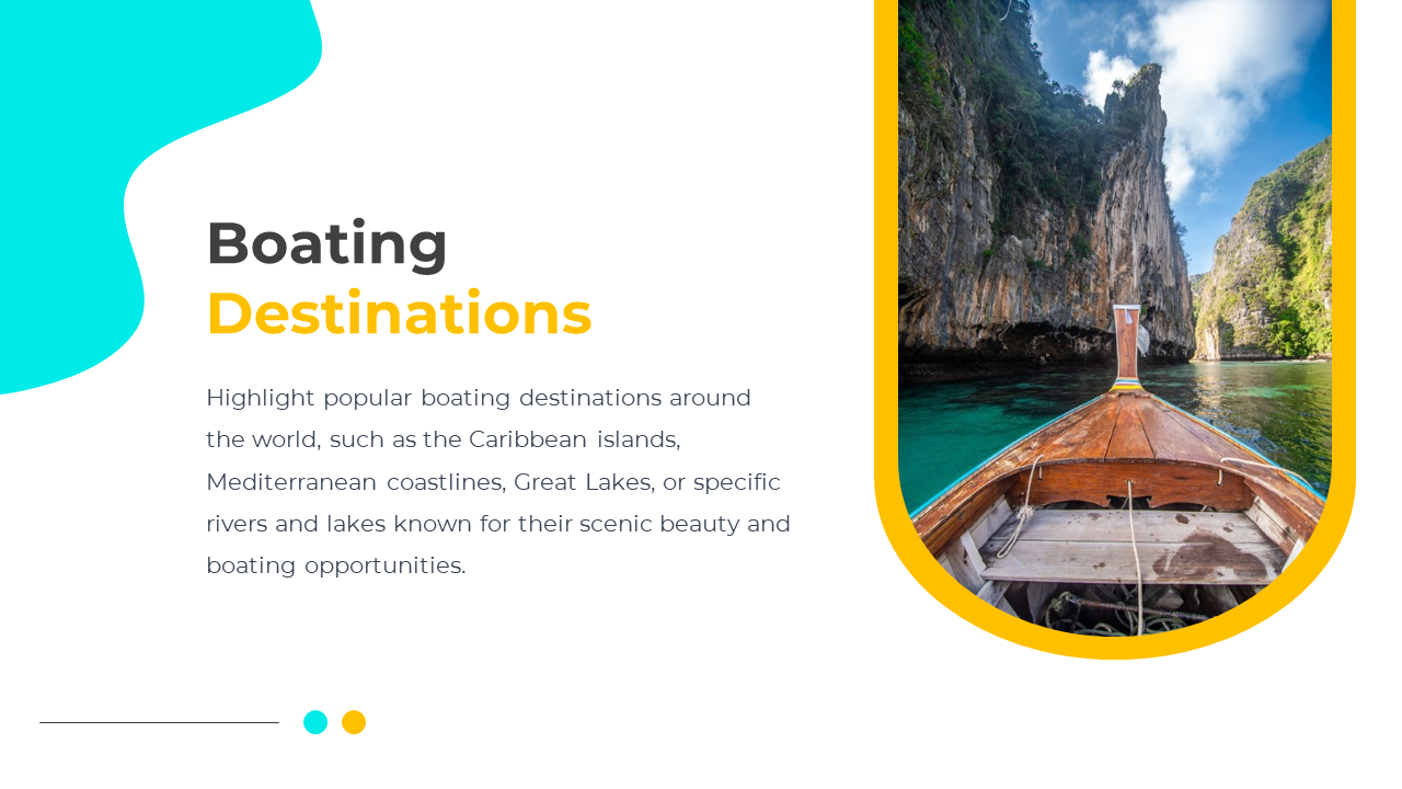 Slide with a white backdrop and teal accents on the left and a boat photo framed in a yellow rounded border on the right.
