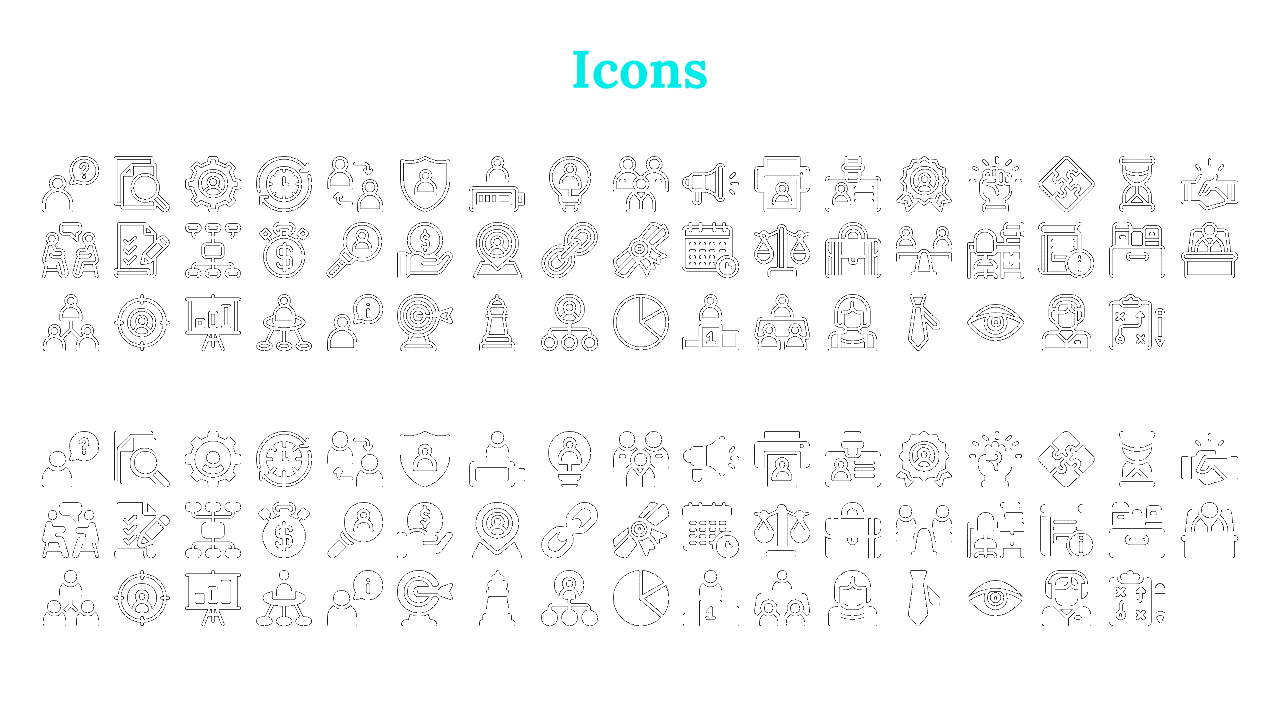 Two rows of black business themed icons in outlined and filled styles, beneath bold teal title on a white background.