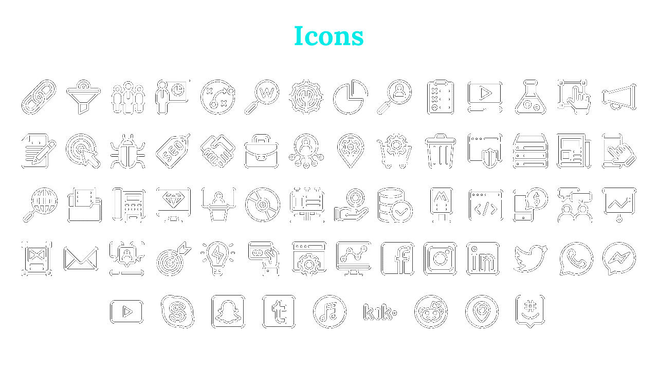 Bold teal heading over five rows of evenly spaced, outlined black icons in a variety of business related shapes.