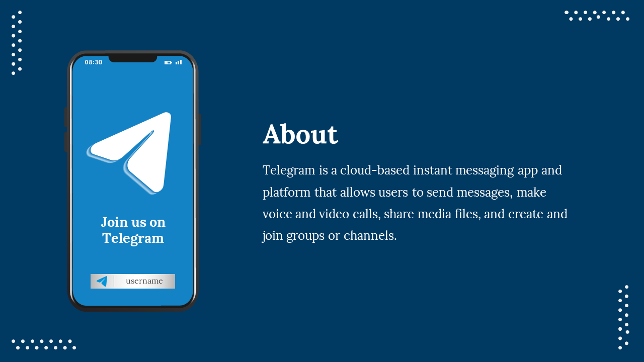 Slide shows a smartphone with a blue screen and white paper plane icon, and text on right, against a dark blue background.