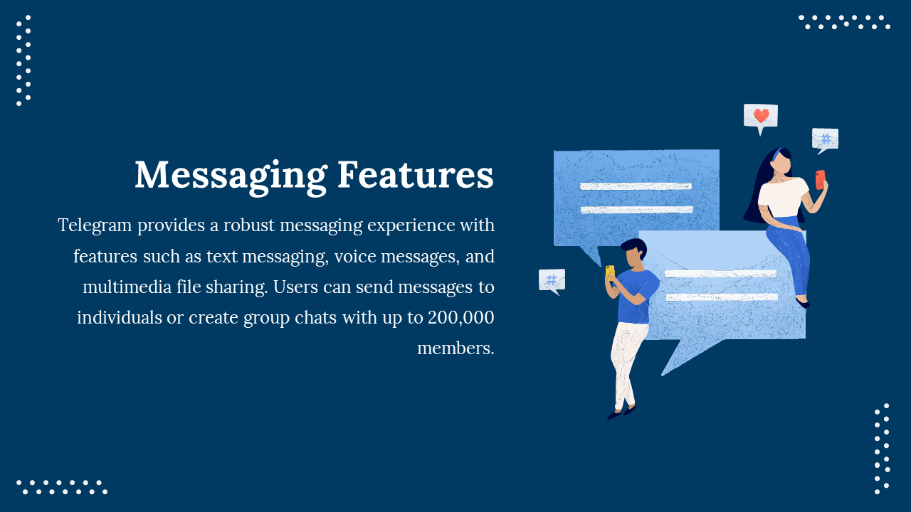 Slide shows two illustrated people using phones with overlapping speech bubbles on a dark blue backdrop with dotted corners.