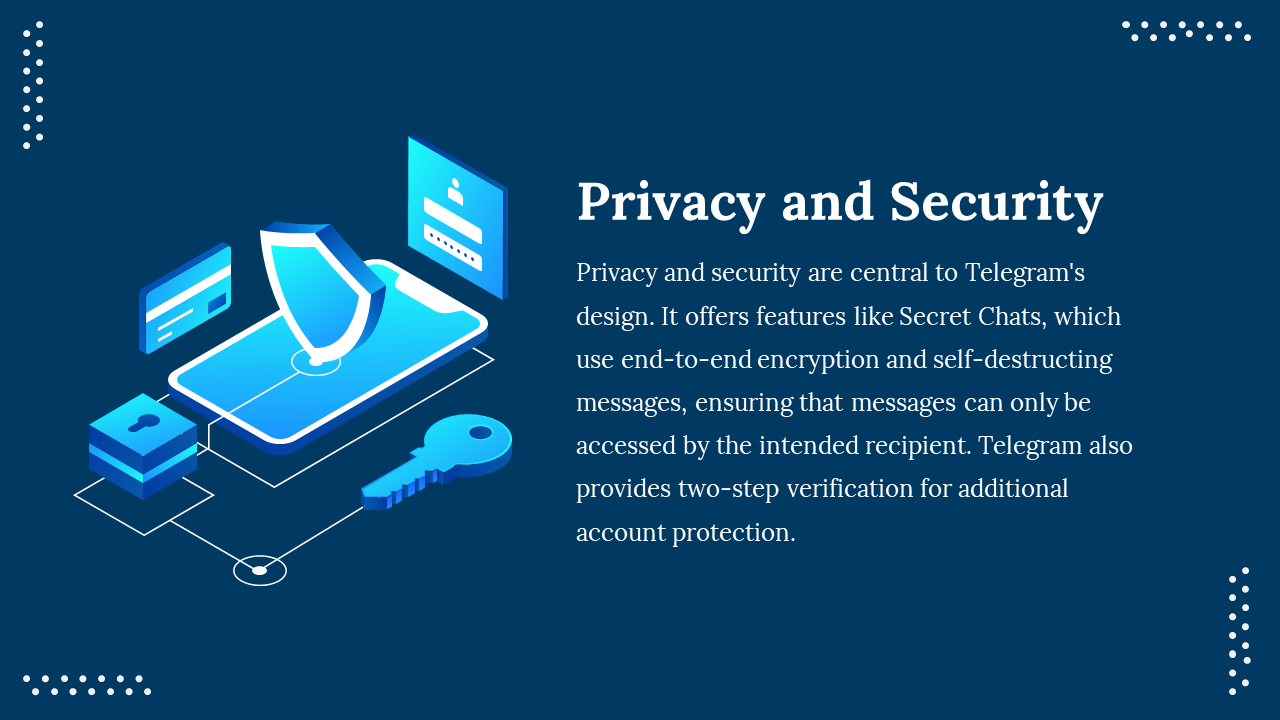 Slide shows a blue background with 3D icons of a phone, shield, key, and padlock representing digital privacy.