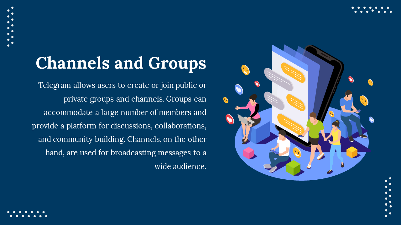 Slide shows a dark blue layout with illustrated people chatting around a large phone and floating speech bubbles.