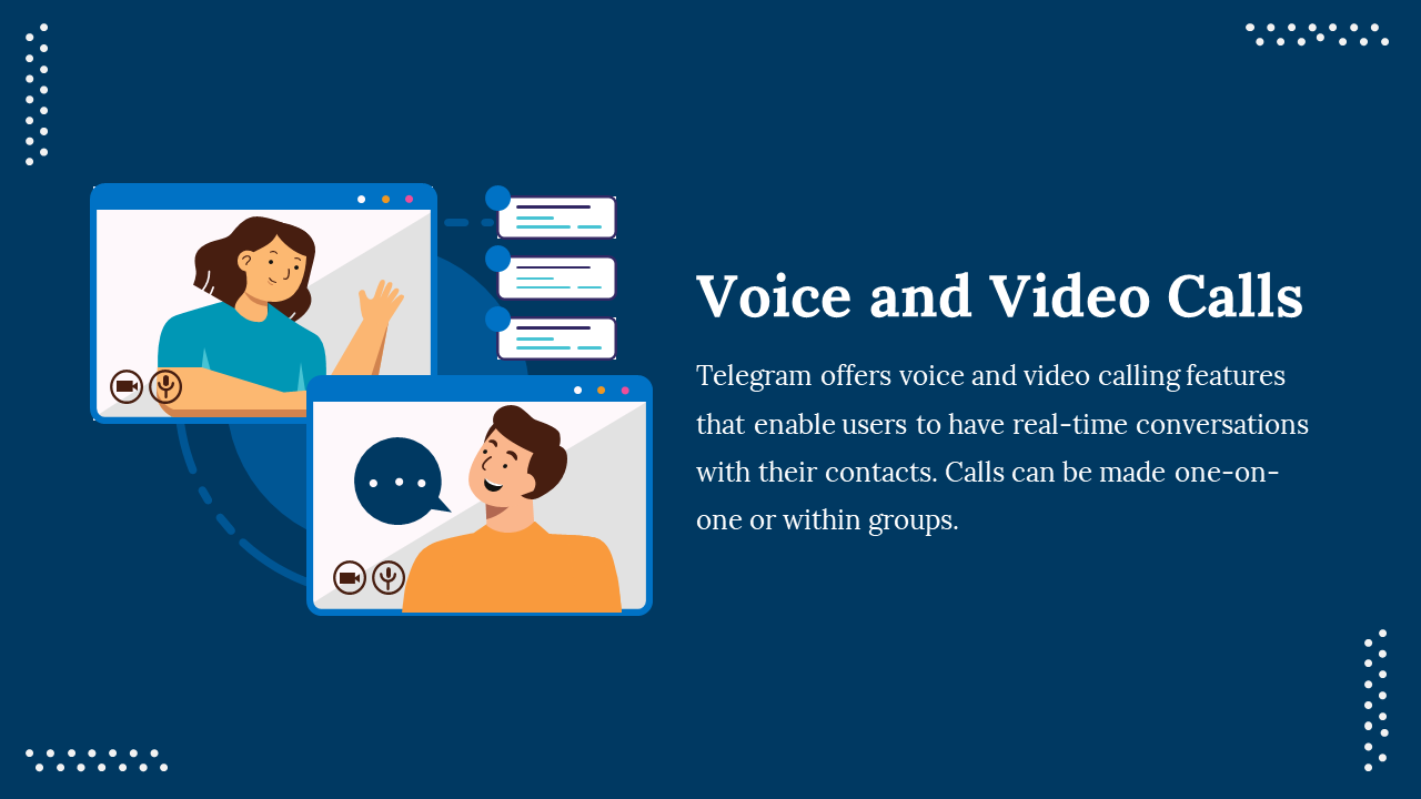 Slide shows two blue framed video call windows with illustrated people and chat icons on a dark blue background.