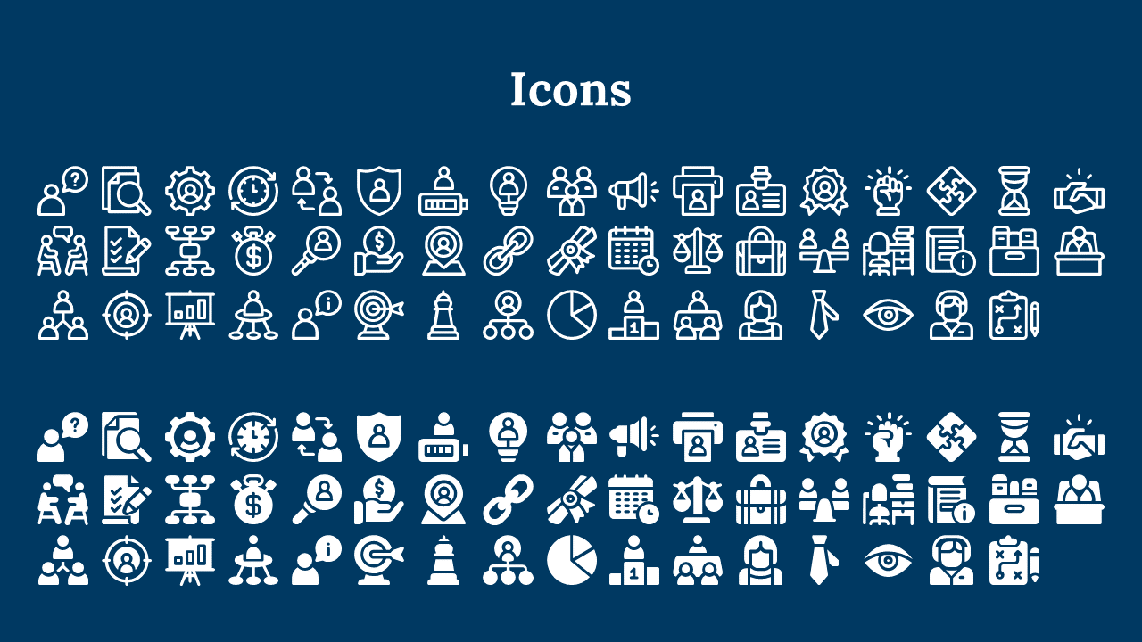 Two rows of white business themed icons in outlined and filled styles, beneath bold title on a blue background.
