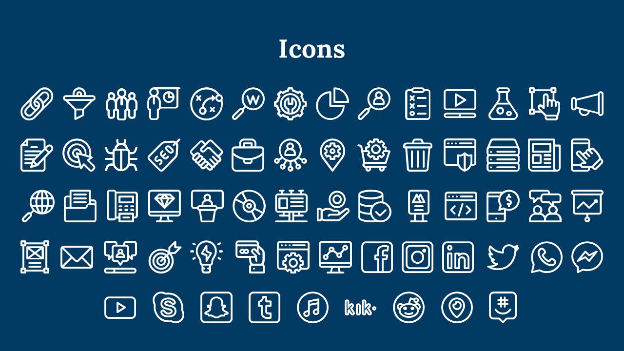 Centered white heading with multiple rows of outlined icons in various shapes on a dark blue layout.